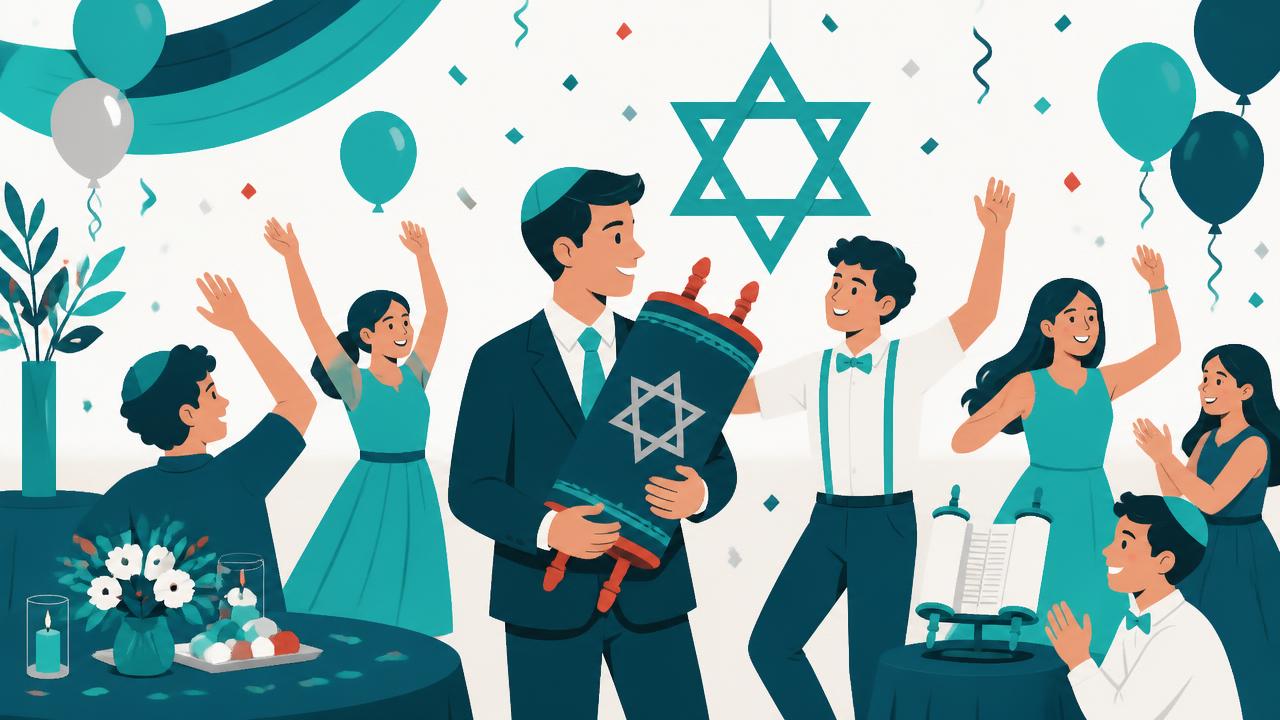 איור: חגיגת בר מצווה עם בני נוער, בלונים, קונפטי וספר תורה